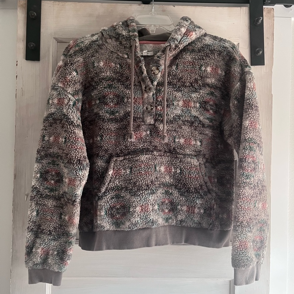 Maurices Plush Sherpa Hoodie in Gray with Pink Accents